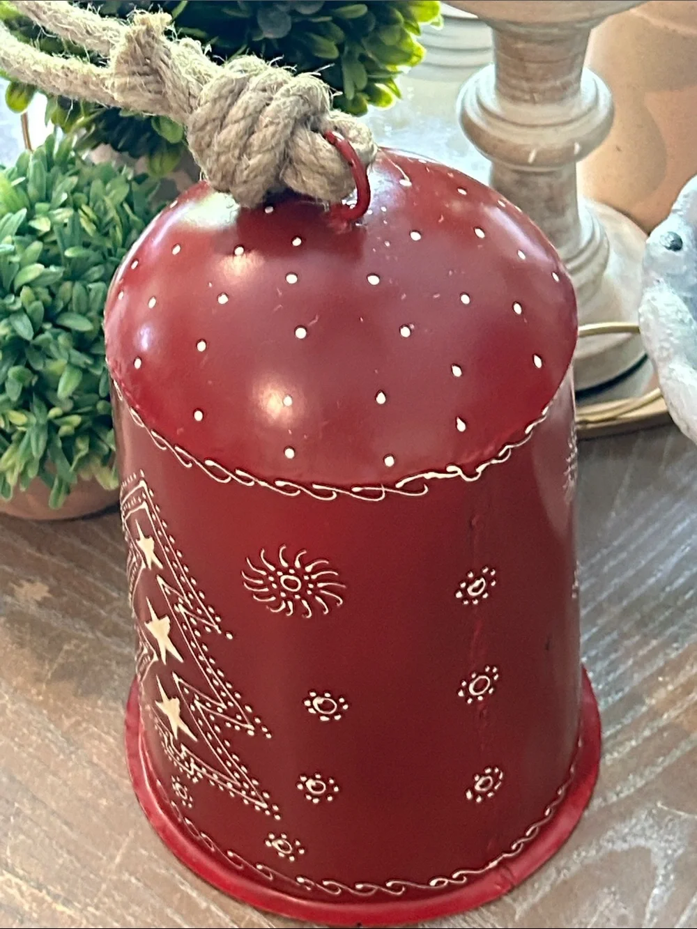 NEW! Vintage Inspired Winter Holiday Red Hand Painted Metal Bell Jute Rope